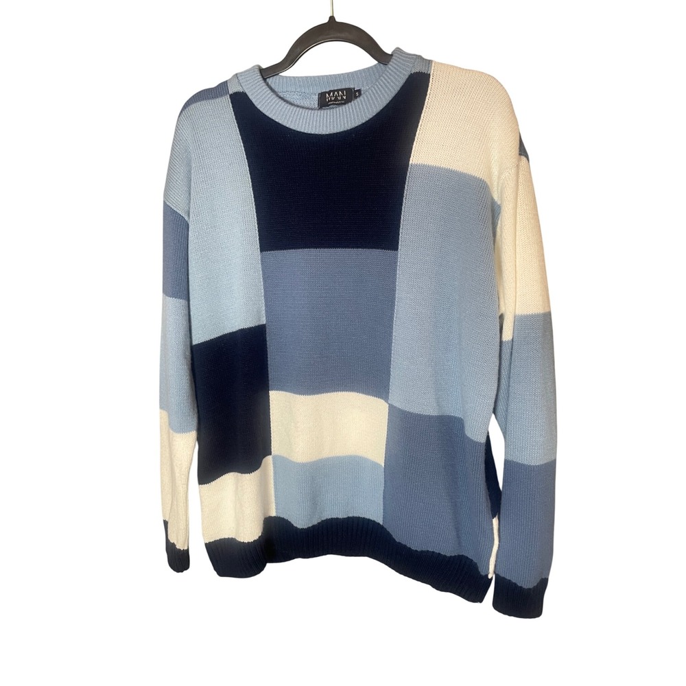 boohooMAN Mens Colorblock Patchwork Knit Sweater Blue Navy Cream Size S